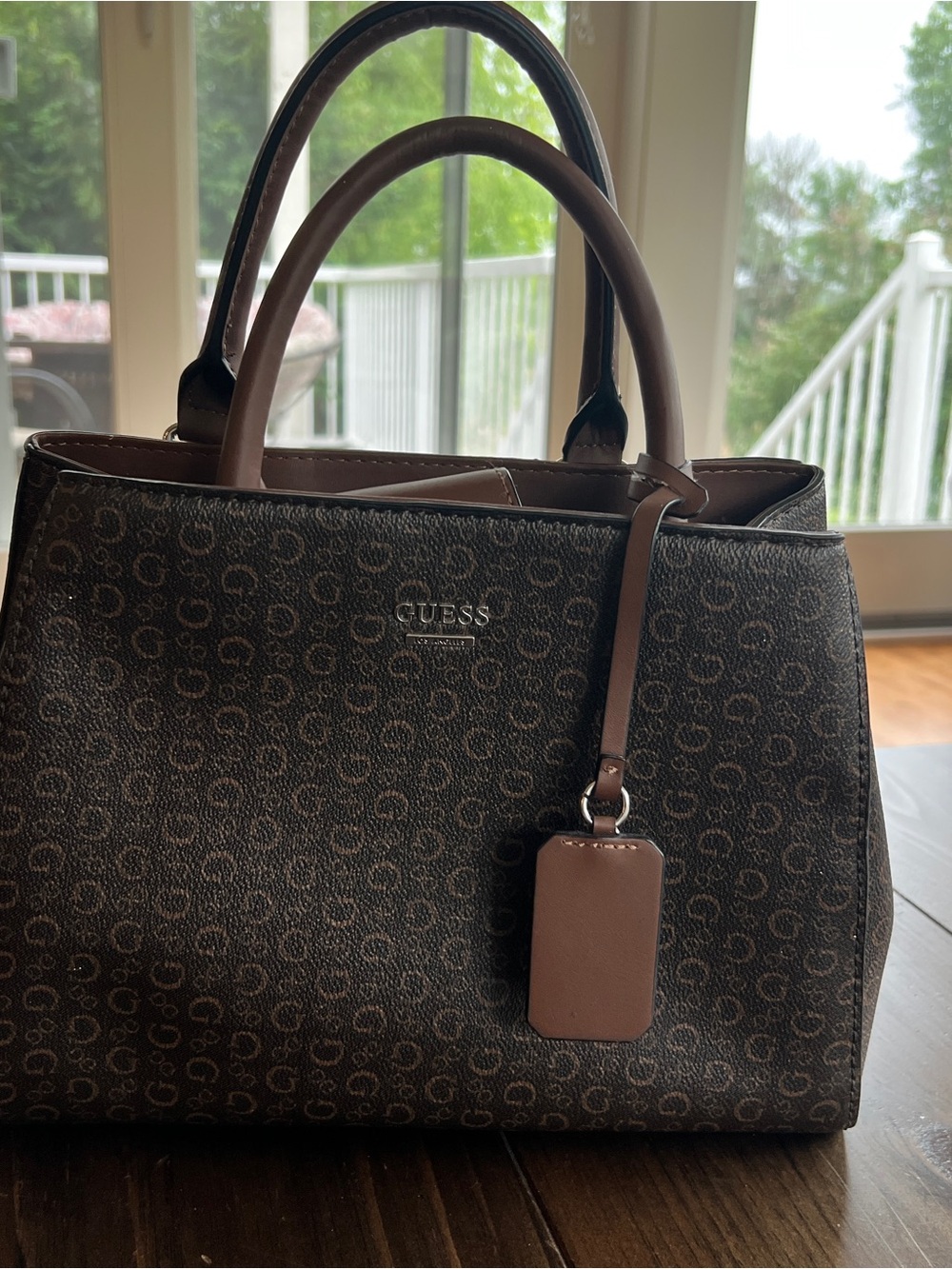 GUESS Dark Brown Signature Satchel with Tan Trim